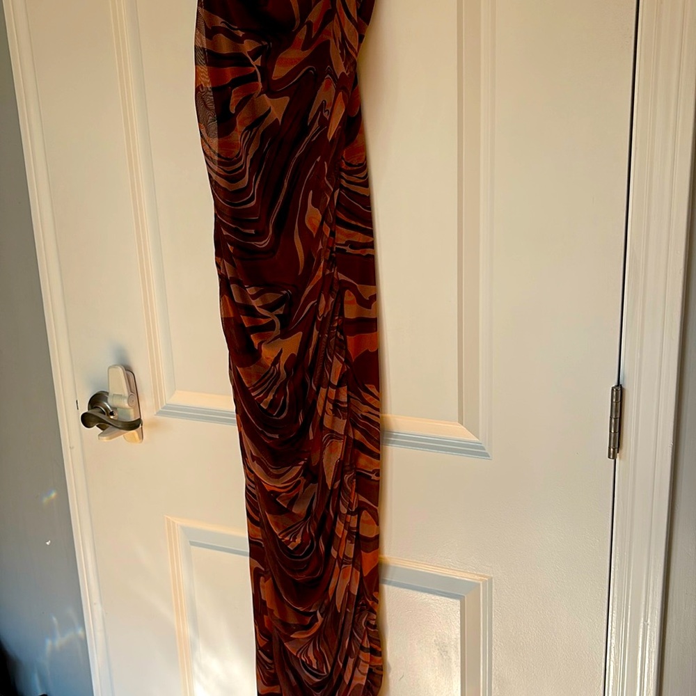 Prettylittlething brown lt. orange and tan scrunch dress with spaghetti straps